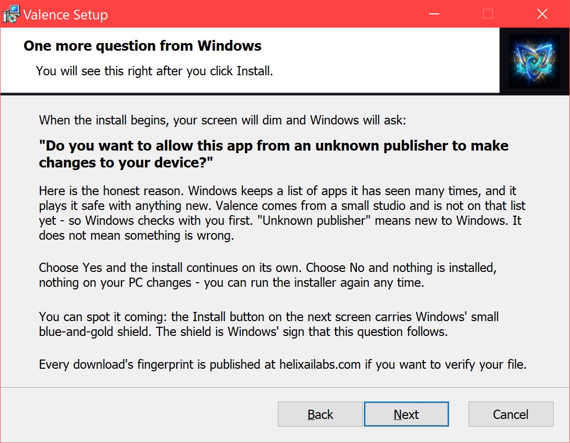 The installer's new heads-up page - it quotes the question Windows is about to ask and explains why