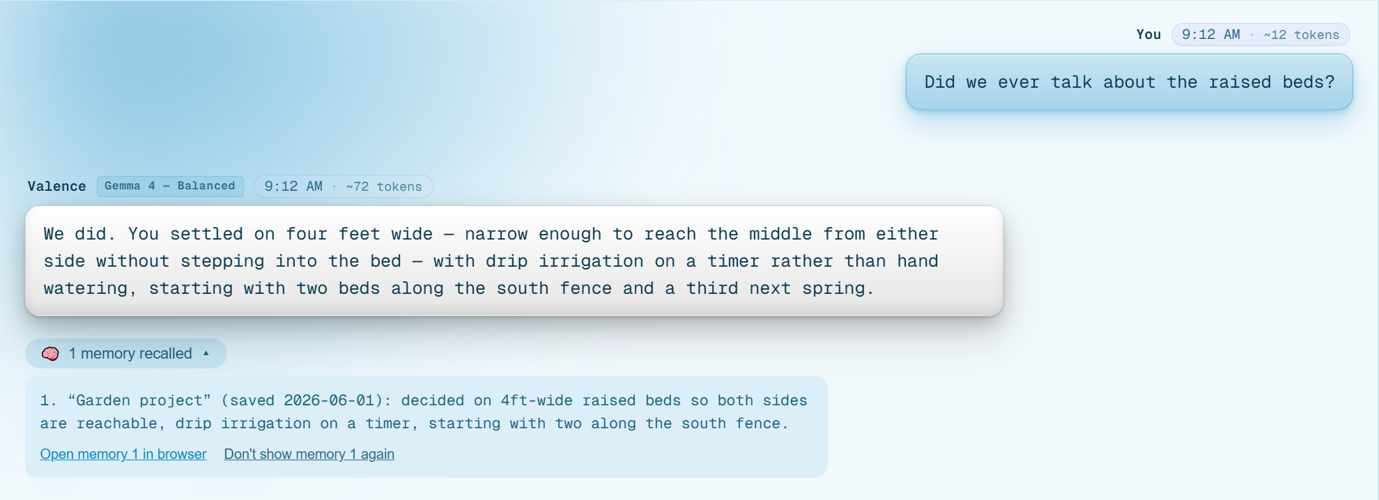 Valence answering a question from memory, with the recalled note shown beneath the answer
