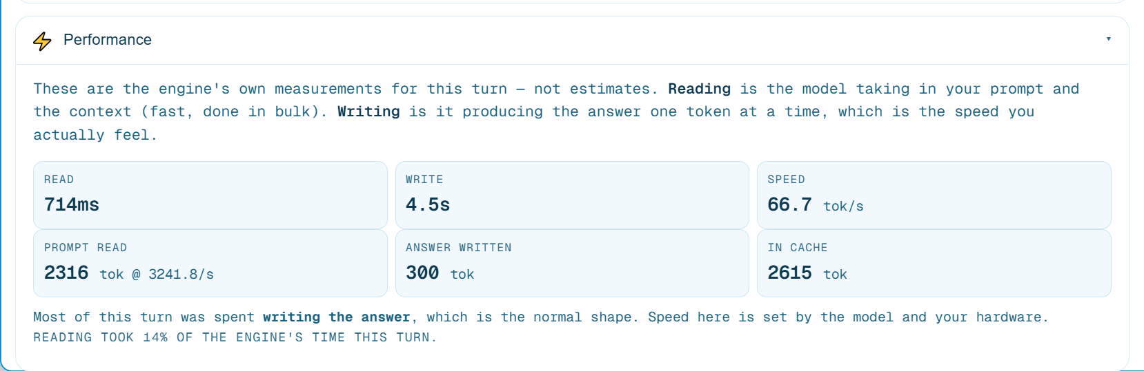 The new Performance card in X-Ray, showing read and write time, speed in tokens per second, and cache reuse for a single turn