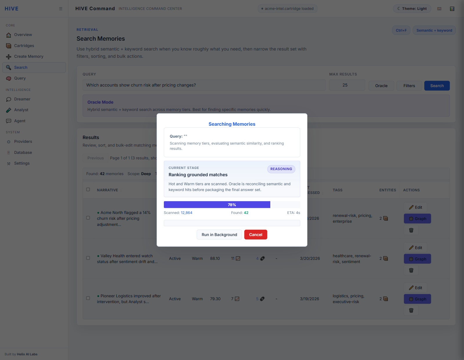 HIVE search workspace showing transparent retrieval workflow