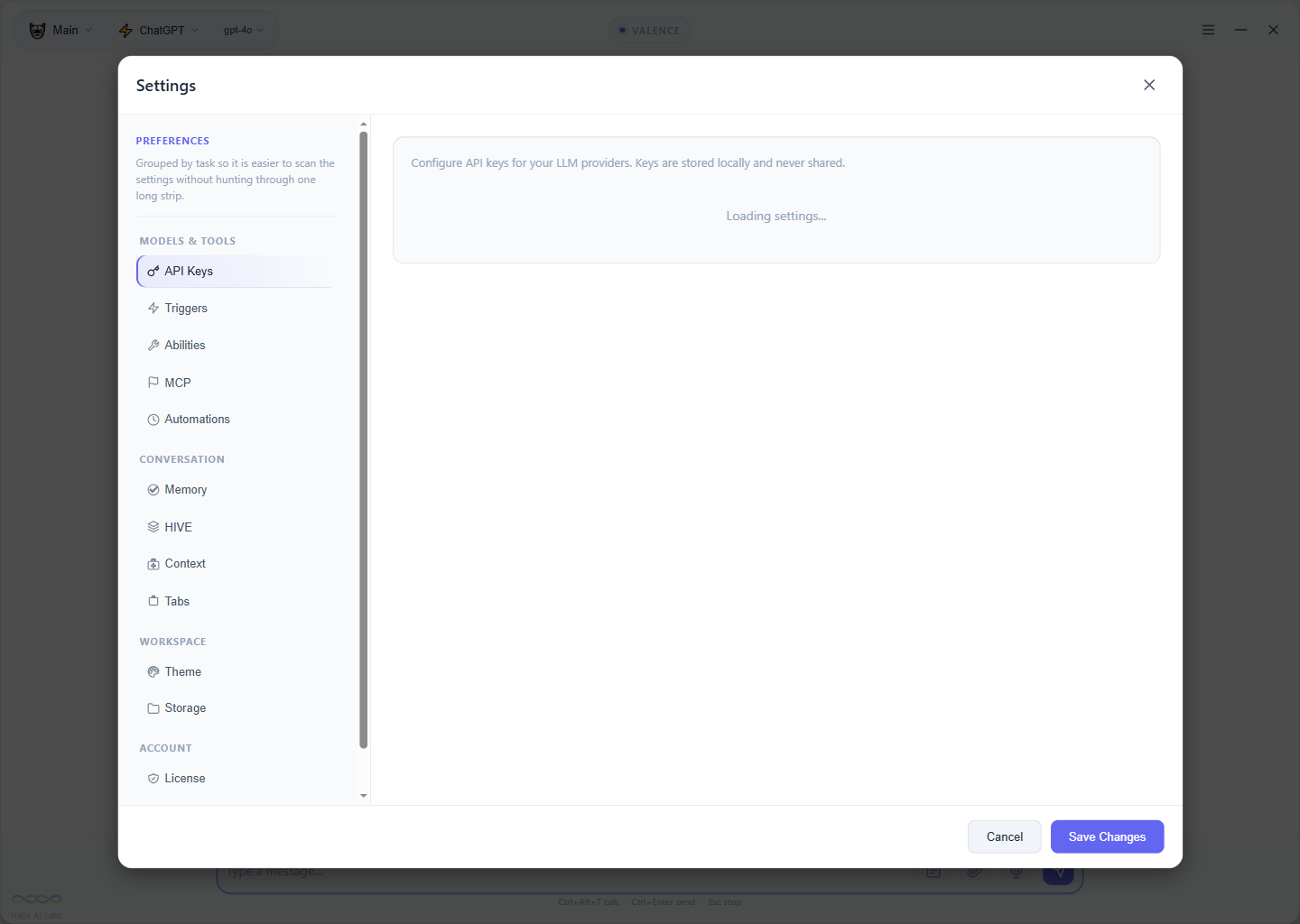 Valence settings modal in the light theme