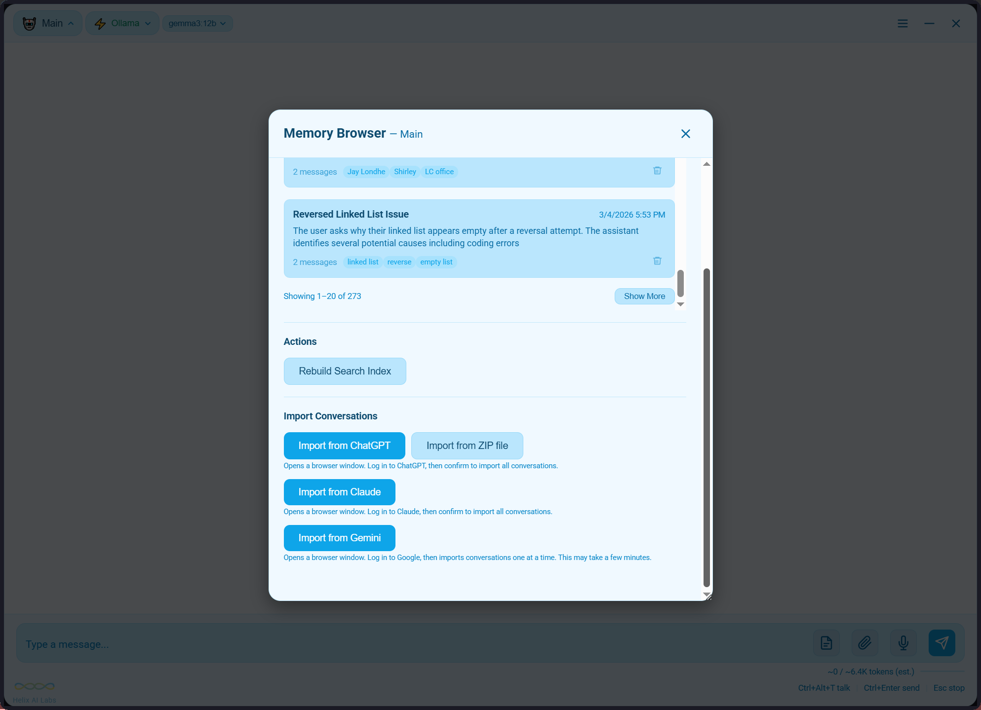 Valence Memory Browser showing 273 saved conversations and import from ChatGPT, Claude and Gemini.