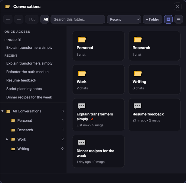 Valence Conversation Explorer showing saved conversations organized into real folders, with search, sort and quick access.