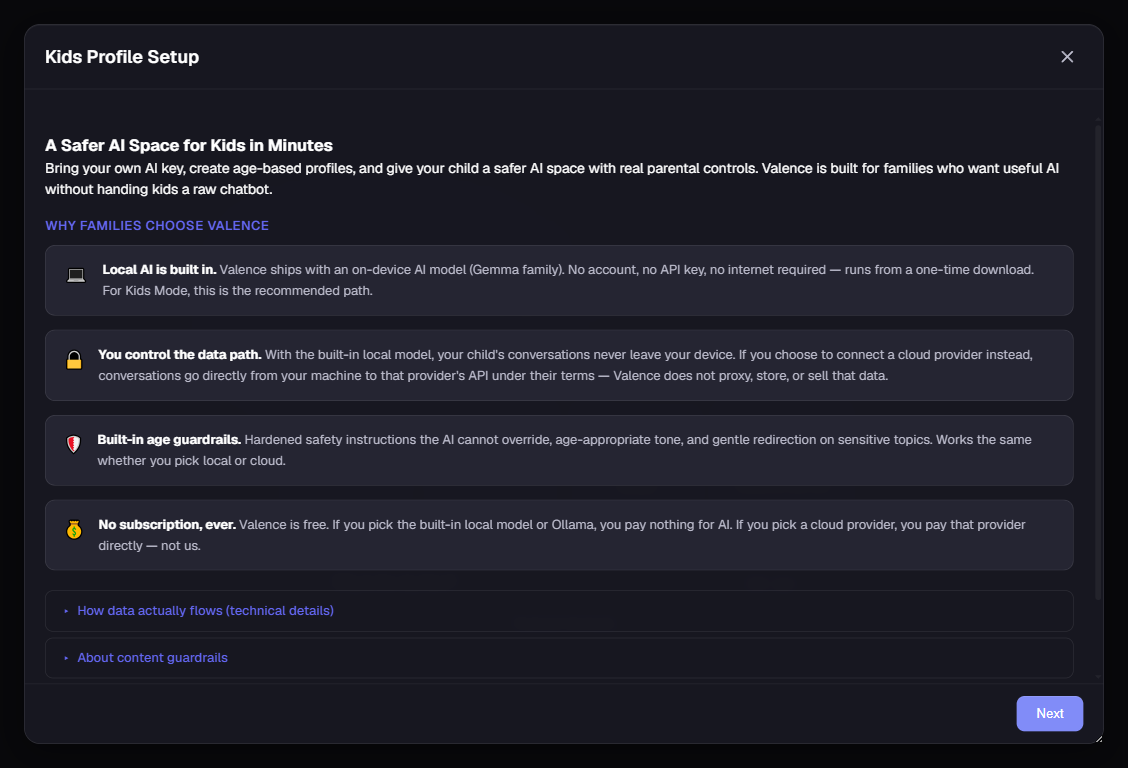 The Kids Profile Setup wizard explaining local AI, data control, age guardrails, and no subscription