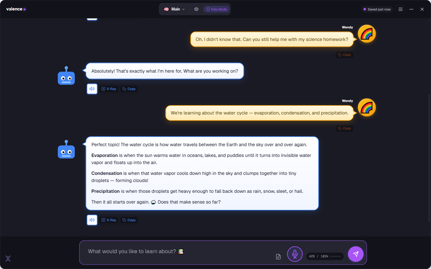 Botly gently reminding a child that it is a computer program and does not actually think or feel, inside a normal conversation.