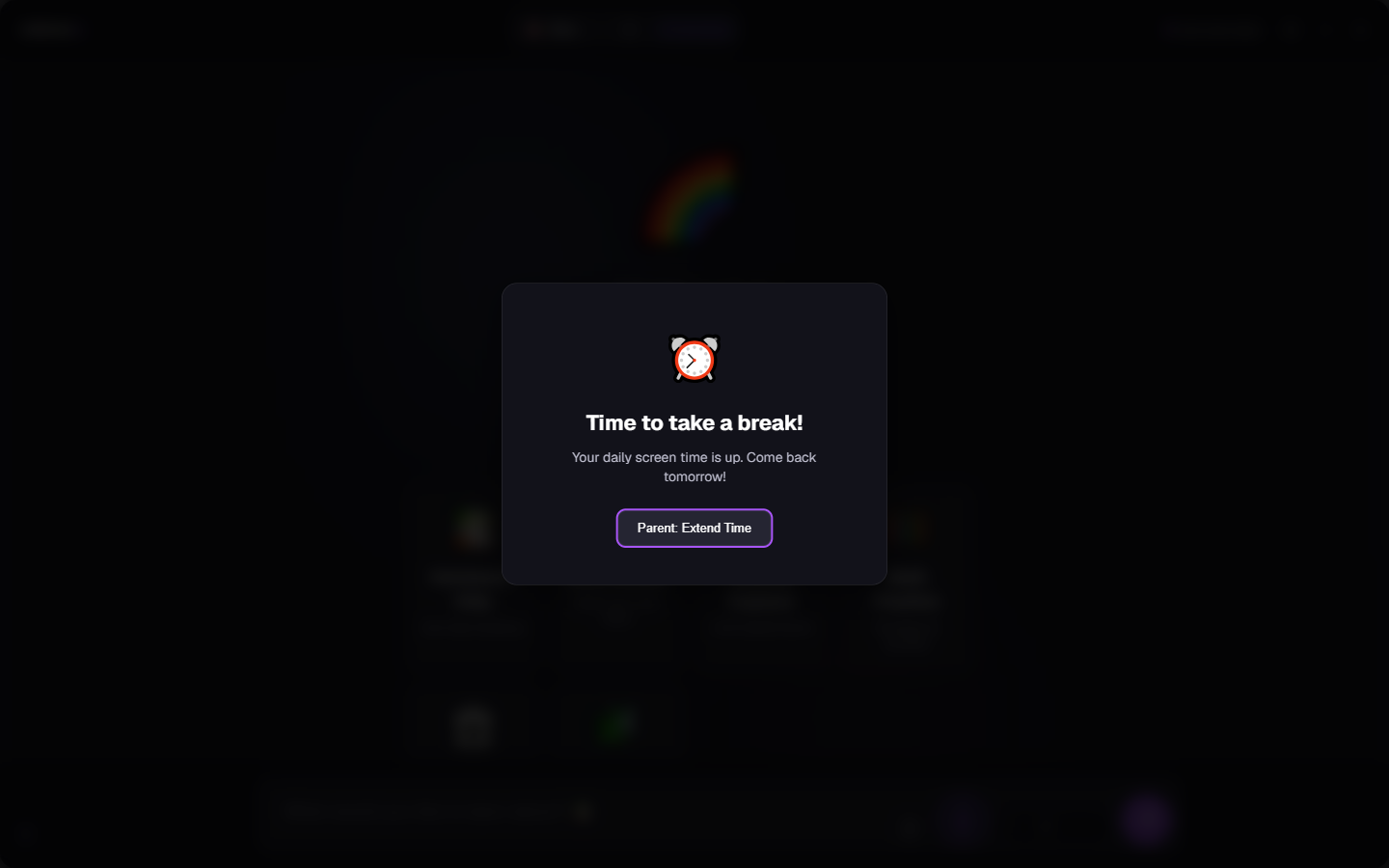 The Kids Mode time-limit overlay shown to a child when the daily session budget is used up, with chat locked.